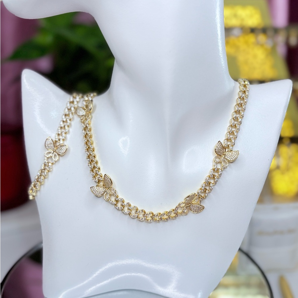Butterfly Necklace & Bracelet Set-14K Gold Plated Inlay Zirconia High Quality